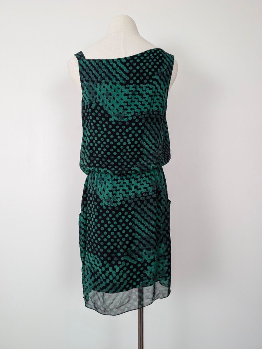 Theory Jaylyn Blurred Green Mini Dress Drop Waist Draped Size 2 - Picture 2 of 13